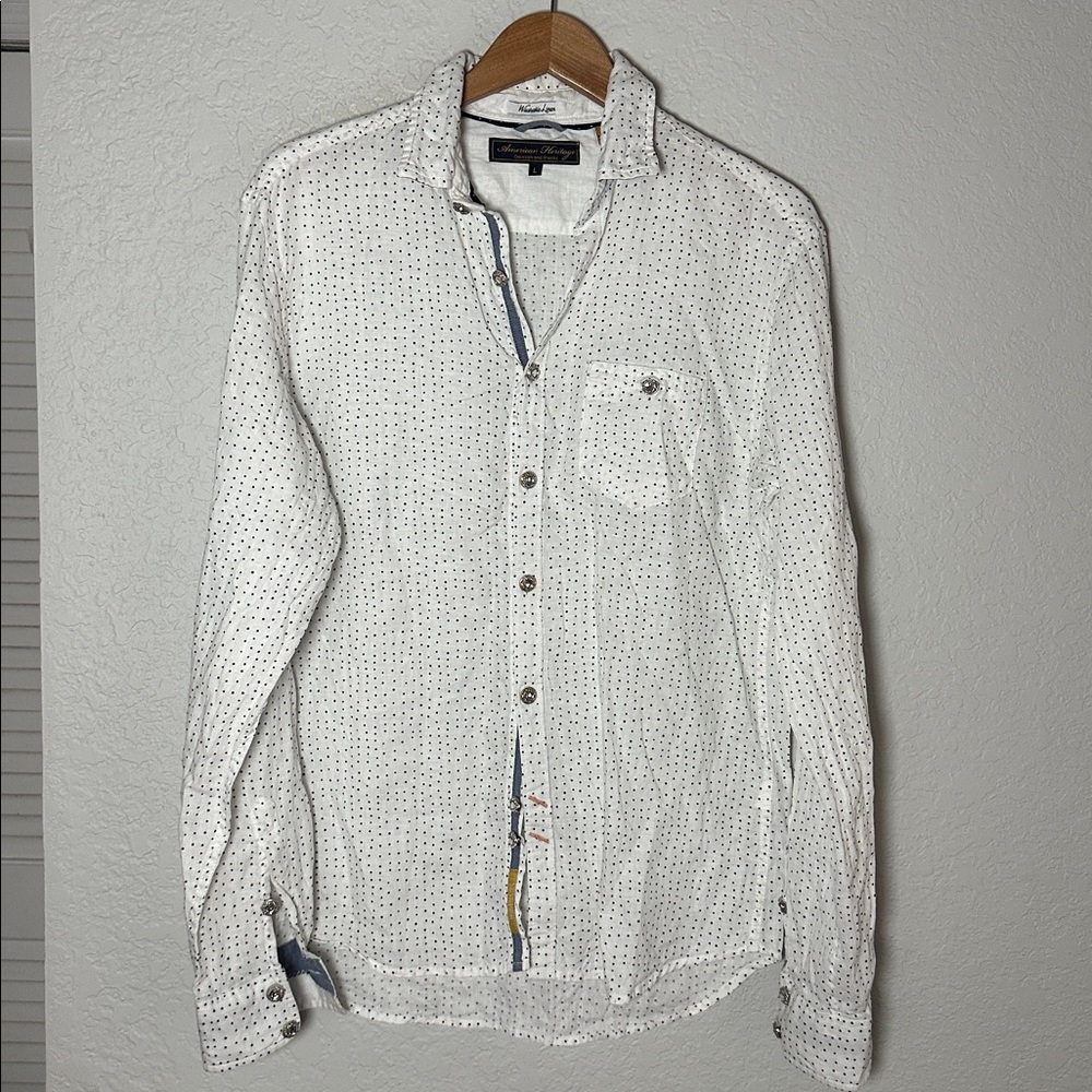 American Heritage White Blue Polka Dot Shirt Diamond Button Up Vegas Mens Large